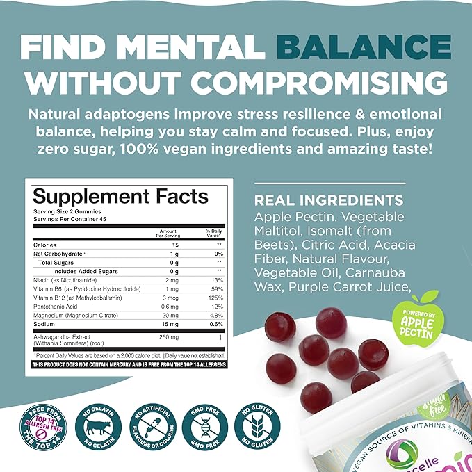 NUTRAMIN Mood Boost Multivitamin Gummy - Delicious &amp Yummy Anti-Stress Magnesium Ashwagandha Gummies + B Complex Vitamins for Focus and Calm - Sugar-Free Vegan Gluten-Free Allergy-Safe (90 Coun