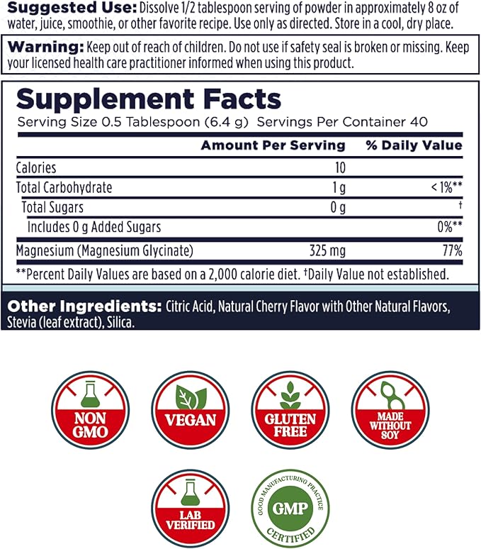 KAL Calming Magnesium Powder - Cherry Flavor Magnesium Supplement - High Absorption Relaxation Support No Added Sugar Vegan Gluten Free Made Without Soy - 40 Servings 9 oz