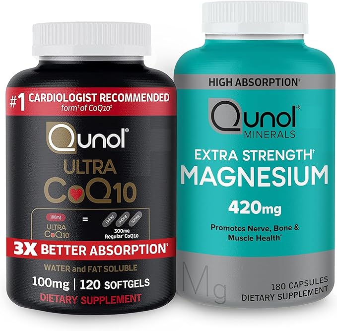 Qunol CoQ10 100mg Softgels 3X Better Absorption 4 Month Supply + 120 Count Magnesium Glycinate Capsules 420mg High Absorption Magnesium Supplement 180 Count