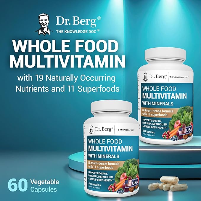 Dr. Berg Whole Food Multivitamin with Minerals - Daily Multivitamin for Men and Women - Includes Premium Whole Food Fruits and Vegetable Blend with Folate Alpha-lipoic Acid and More - 60 Capsules