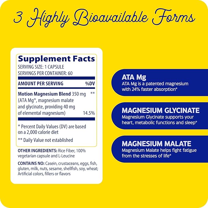 Enzymedica Magnesium Motion with 3 Forms of Magnesium ATA Mg Glycinate Malate Soothes Occasional Aches Supports Bones &amp Muscles 60 Count (Pack of 2)
