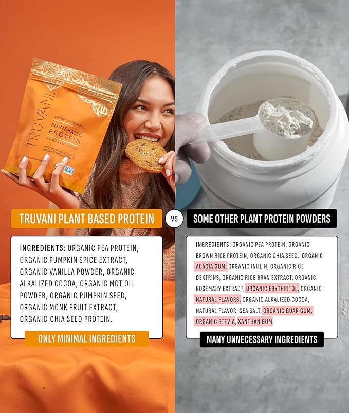 Truvani Vegan Pea Protein Powder | Pumpkin Spice | 20g Organic Plant Based Protein | 10 Travel Packets | Keto | Gluten &amp Dairy Free | Low Carb | No Added Sugar