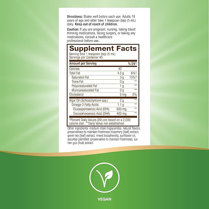 Nature's Way Algal Oil Omega-3 Supports Eye &amp Brain Function* 1000 mg EPA/DHA per Teaspoon(1) Vegan-Friendly Liquid Formula Cranberry-Orange Flavored 6.8 oz (Packaging May Vary)