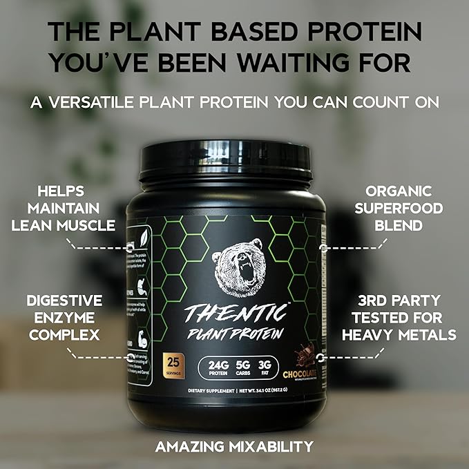 THENTIC Plant Based Protein Powder - Non Dairy Vegan Protein Zero Artificial IngredientsSoy &amp Gluten FreeNo Added Sugar5.8g BCAADigestive EnzymesOrganic Superfoods.25 Servings (Chocolate) 2.