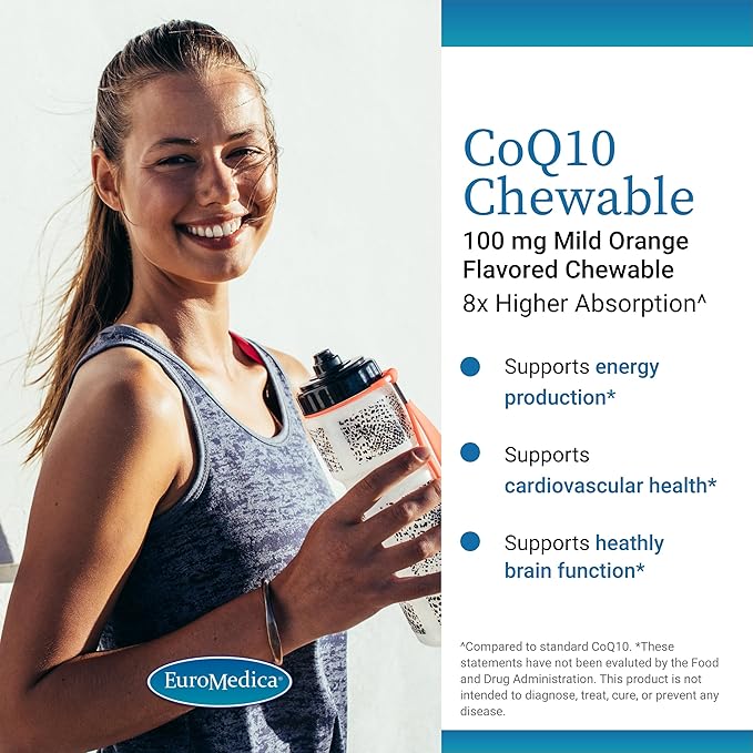 EuroMedica CoQ10 100 mg - Cellular Energy Support Supplement - Higher Absorption CoQ10 Chewable Supplement - Nutritional Supplement to Aid Healthy Aging &amp Brain Health - 30 Chewable Tablets