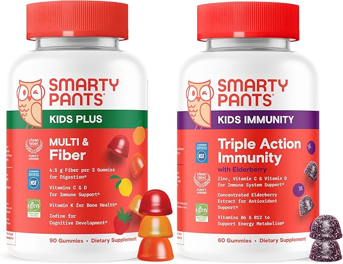 SmartyPants Kids Daily Nutrition &amp Immunity Bundle: Multivitamin + Elderberry Gummies with Prebiotic Fiber Vitamins C D3 B12 A &amp Zinc – Gluten Free Non-GMO 90 &amp 60 Count (Pack of 2)