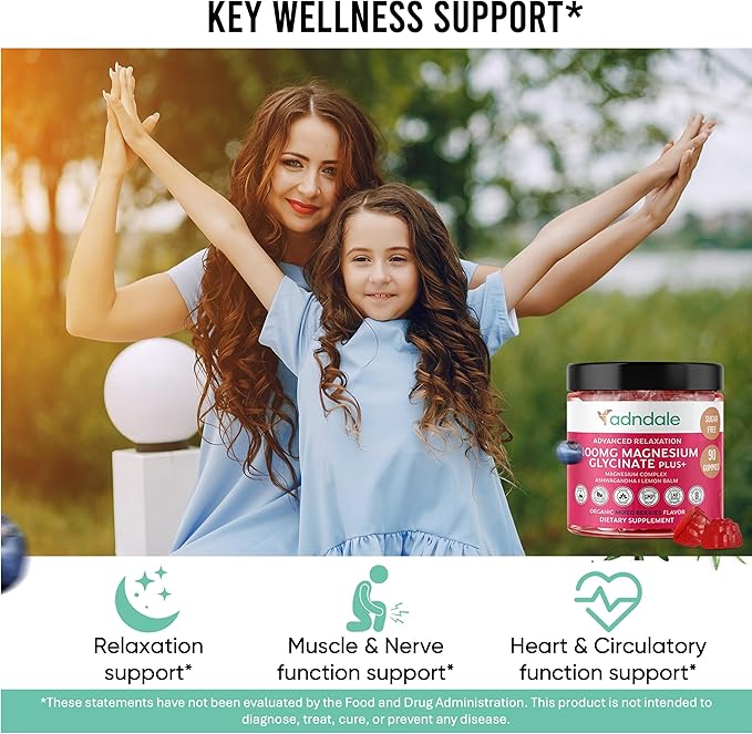 Adndale 180 CT Magnesium Glycinate Gummies 400 mg/Serv with Ashwagandha Magnesium Malate &amp Taurate Sugar Free Chews for Adults &amp Kids