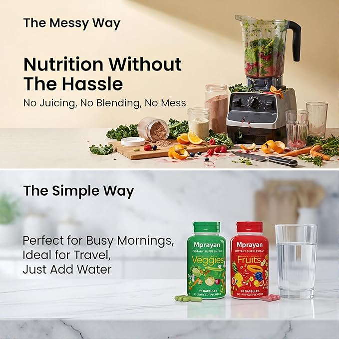 Fruit and Veggie Superfood for Natural Energy &amp Immune Support | 30+ Whole Foods Vegan Non-GMO | 90 Fruit + 90 Veggie Capsules – 30-Day Supply (2-Bottle Set)