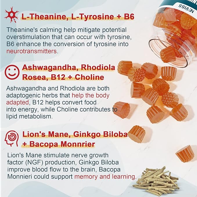 NEVISS Bundle - Women &amp Men's 50+ Multivitamin and L-Tyrosine L-Theanine B6 B12 Gummies 2 Pack