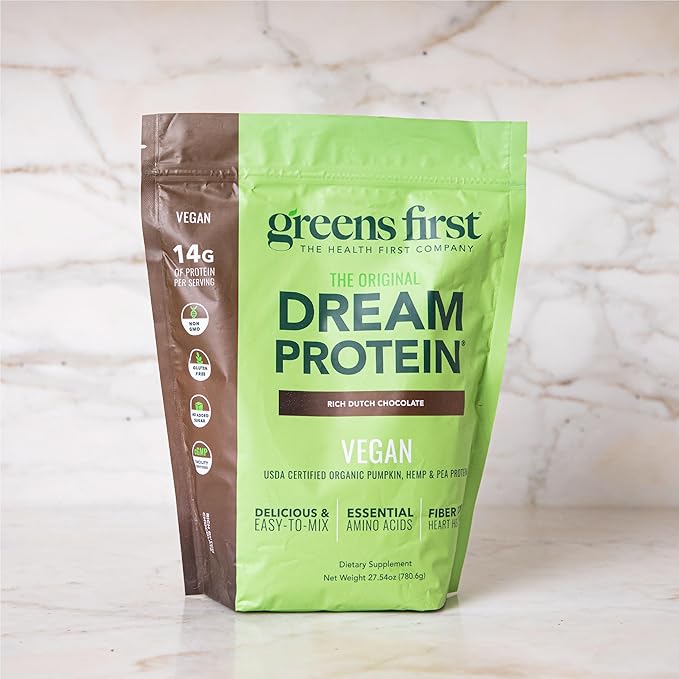 Greens First Dream Protein Plant-Based Vegan Powder - USDA Organic Pumpkin Hemp &amp Pea Protein - Gluten-Free Non-GMO No Added Sugar (Rich Dutch Chocolate 27.54 oz)