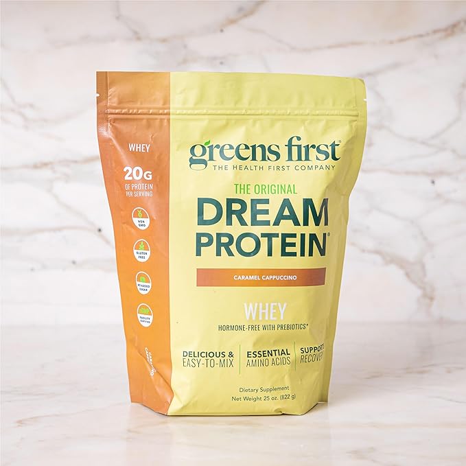 Greens First Dream Protein Powder Whey - 20g Protein Per Serving - Hormone-Free with Prebiotics - Non-GMO - No Artificial Sweeteners/MSG/Aspartame (Caramel Cappuccino 25 oz)