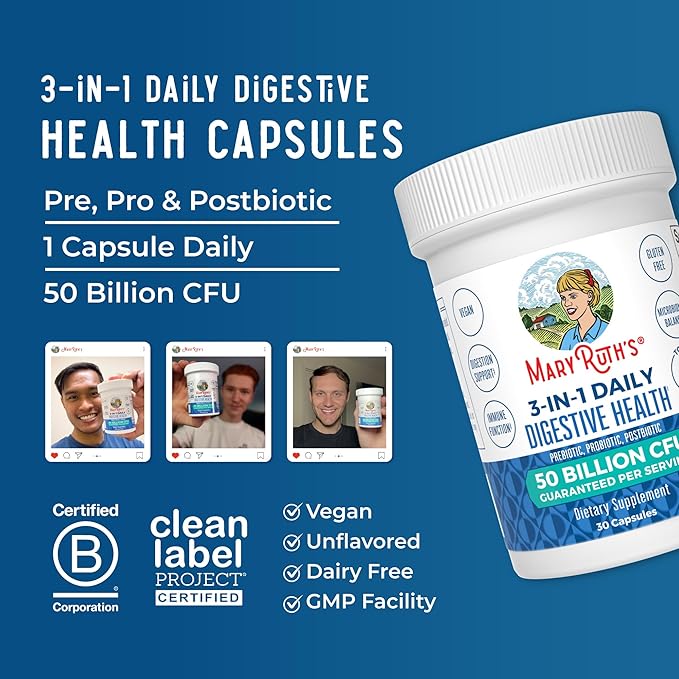 MaryRuth's 3-in-1 Probiotics for Digestive Health | Prebiotic &amp Postbiotic | Gut Health Supplement for Women &amp Men | 23 Unique Strains | Immune Support | 50 Billion CFU | 30 Servings