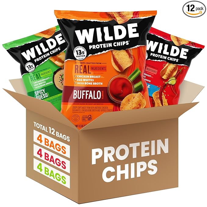 WILDE Protein Chips Spicy Variety Pack Buffalo Spicy Queso Nashville Hot Gluten Free Keto Chips Made With Real Ingredients Protein Snacks Pack of 12