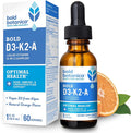 Bold Botanica Vitamin D3-K2-A Liquid Drops for Adults and Kids – 2500 IU Vegan D3 from Algae with K2 (MK7) &amp A 3-in-1 Complex for Immune Bone &amp Heart Support Orange Flavor – 1 FL OZ 60 Ser