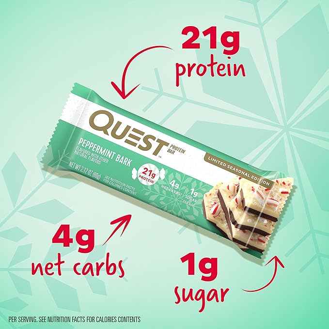 Quest Nutrition Peppermint Bark Protein Bar 21g Protein 4g Net Carb 1g Sugar Gluten Free 12 Count &amp Lemon Cake Protein Bars High Protein Low Carb Gluten Free Keto Friendly