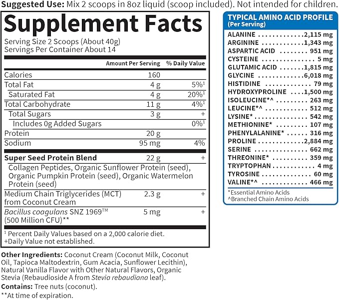 Garden of Life Grass Fed Collagen Protein Powder - Vanilla 14 Servings Powder for Joints Mobility Muscle Repair Collagen Peptides + Super Seeds + Coconut MCTs Keto Supplement