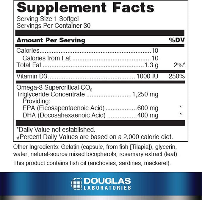 Douglas Laboratories Quell Fish Oil EPA/DHA Plus D | 3:2 Ratio of EPA to DHA Essential Omega 3 Fatty Acids Plus 1000 I.U. of Vitamin D3* | 30 Softgels