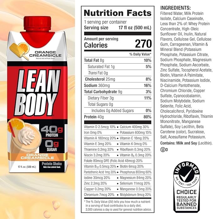 LABRADA Lean Body Ready-to-Drink Orange Creamsicle Protein Shake 40g Protein Whey Blend 0 Sugar Gluten Free 22 Vitamins &amp Minerals 17 Fl Oz (Pack of 12)