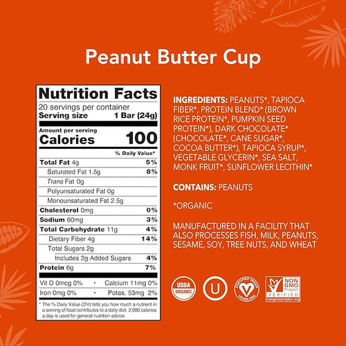 ALOHA Organic Plant Based Protein Bar MINIS |Peanut Butter Cup | 20 Count 24g Bars | Vegan Low Sugar Gluten Free Low Carb Non-GMO Stevia Free Soy Free No Sugar Alcohols