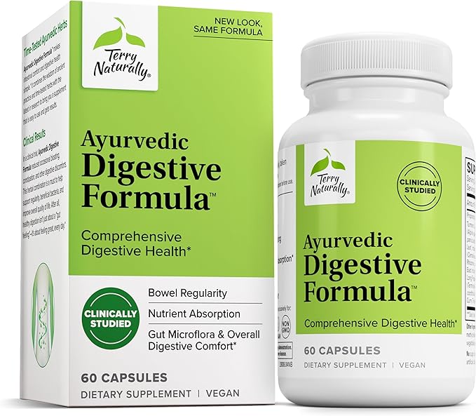 Terry Naturally Ayurvedic Digestive Formula - 60 Vegan Capsules - Promotes Bowel Regularity Gut Microflora &amp Nutrient Absorption - Non-GMO Gluten-Free - 30 Servings