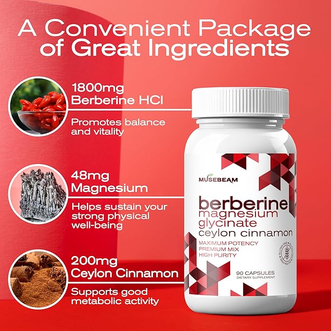 Berberine HCL Magnesium Glycinate Supplement - 1800mg High Purity Capsules with Ceylon Cinnamon - Vegan Friendly Non-GMO Gluten-Free Sugar Free Pill for Men Women