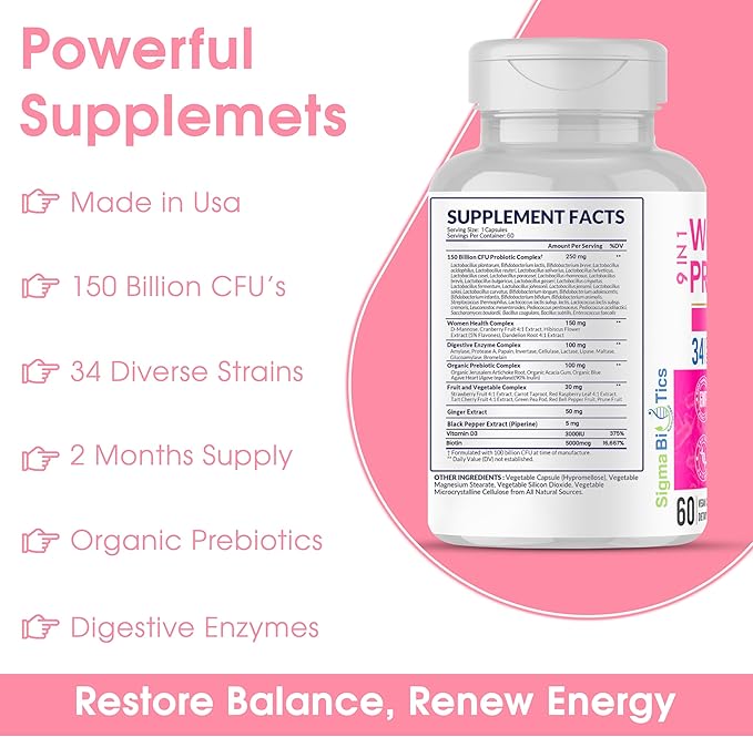 Women's Probiotics 150 Billion CFU – 34 Strains with Organic Prebiotics &amp Digestive Enzymes – Urinary Tract &amp Digestive Health – 60 Vegan Capsules with D3 and Biotin – Gluten-Free Non-GMO Da