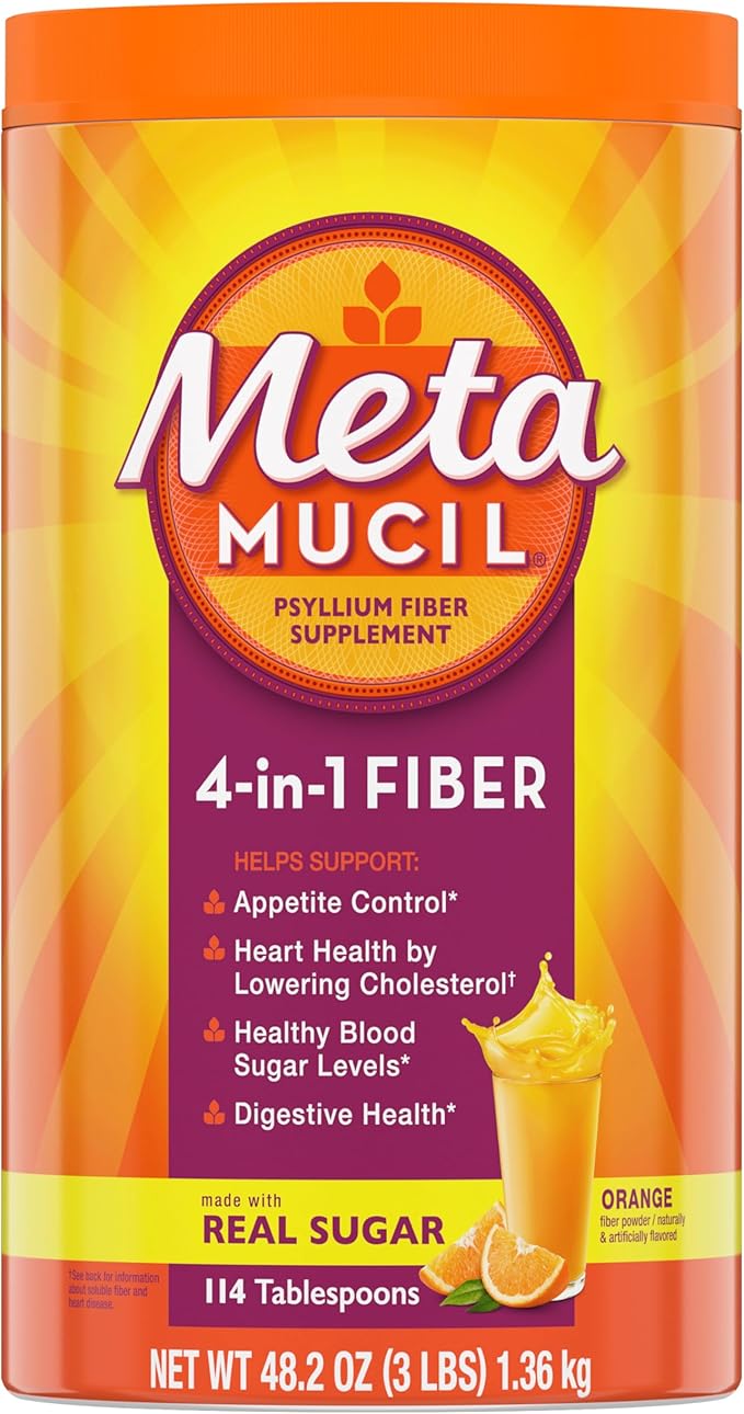 Metamucil 4-in-1 Psyllium Husk GLP-1 Friendly Fiber Supplement Real Sugar 114 tablespoons Orange Flavored Daily Fiber Powder for Digestive Health made with Plant-Based Psyllium Husk Fiber