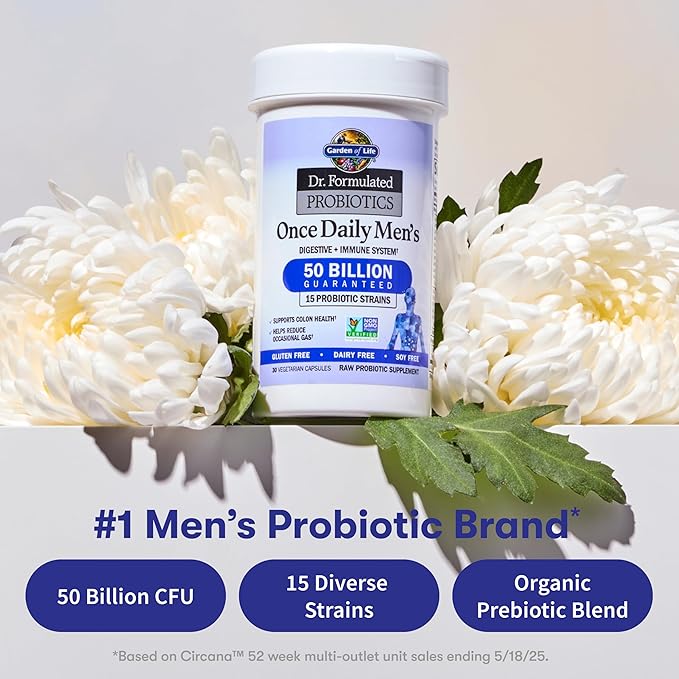 Garden of Life Probiotics for Men Dr Formulated 50 Billion CFU 15 Probiotics for Digestive Health + Organic Prebiotic Fiber Colon &amp Immune Support Daily Gas Relief Shelf Stable 30 Capsules