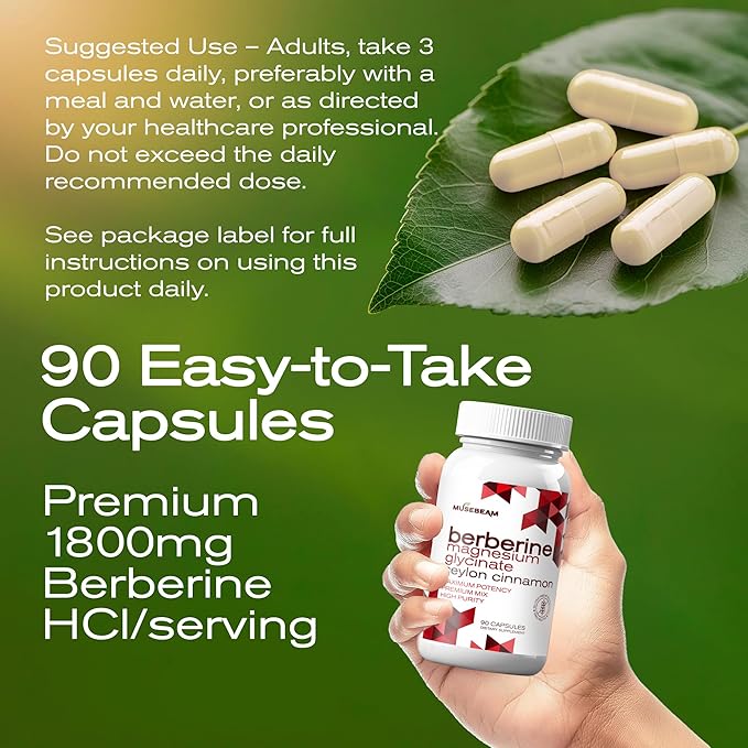 Berberine HCL Magnesium Glycinate Supplement - 1800mg High Purity Capsules with Ceylon Cinnamon - Vegan Friendly Non-GMO Gluten-Free Sugar Free Pill for Men Women
