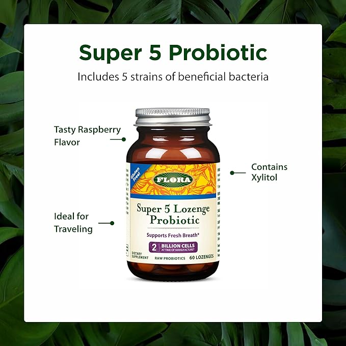 Flora - Super 5 Lozenge Probiotic Raspberry Flavored Oral Probiotic Good for Bad Breath Five Strains with 2 Billion CFU Regain and Retain Gut Health RAW 60 Lozenges