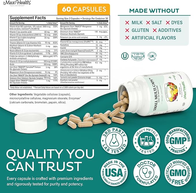 Maxi Health Multivitamin – Easy to Swallow Multi Vitamin Capsules with 30 Nutrients Iron &amp Probiotics – Kosher Daily Multivitamins Small Capsules for Wellness Support &amp Digestive Ease (60 Uni