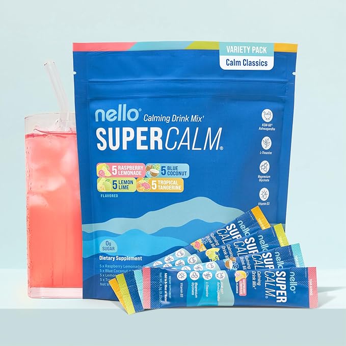 Nello Supercalm Powdered Drink Mix Cortisol Reducer* and Sleep Aid Supplement L Theanine Ksm-66 Ashwagandha Magnesium Glycinate Vitamin D 3 No Sugar Non GMO On The Go 20 Ct Variety Pack