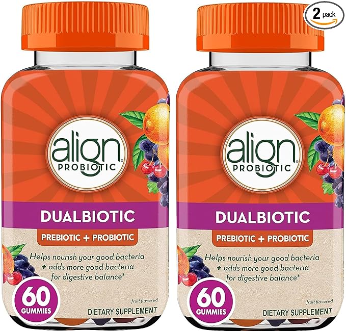 Align DualBiotic Prebiotic + Probiotic for Women and Men Help Nourish and Add Good Bacteria for Digestive Support Natural Fruit Flavors 60 Gummies (Pack of 2)