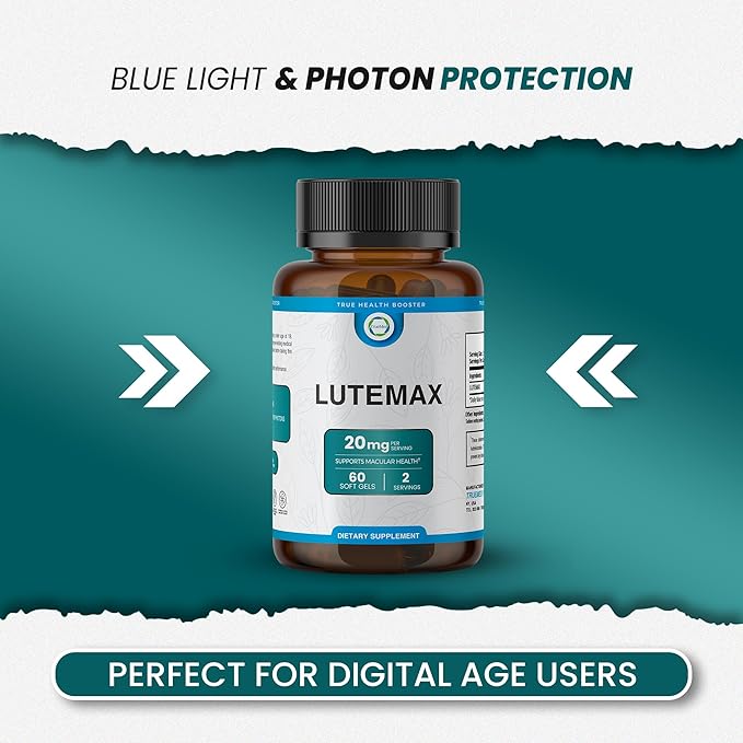 Lutemax 20mg 30 Days Supply Eye Supplement - Supports Macular Health Vision Clarity Heart Health Protects Eyes from Blue Light &amp Photons Antioxidant Protection GMP Certified 60 Softgel.