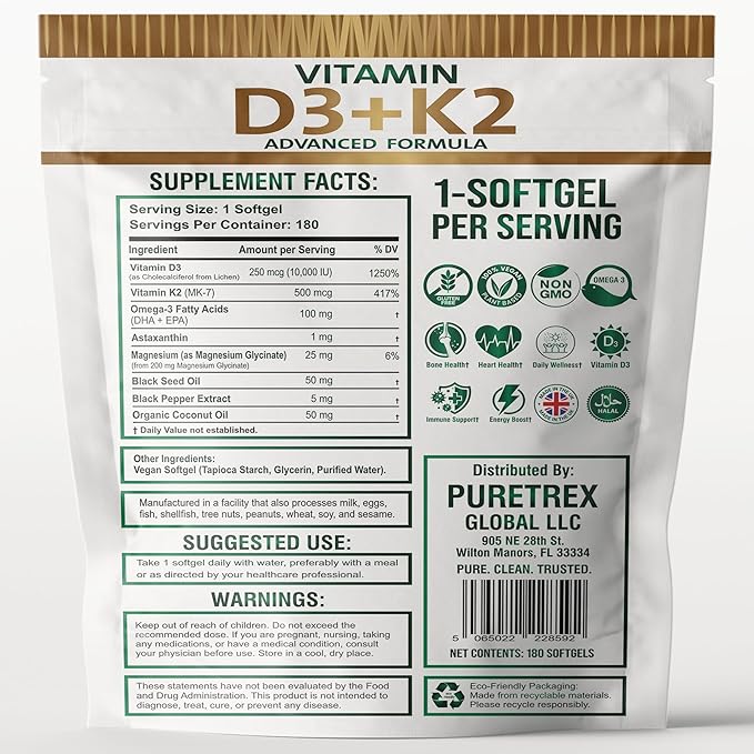 Vitamin D3 10000 IU + K2 MK-7 (500mcg) | High-Strength Vegan D3 from Lichen | Omega-3 DHA/EPA Astaxanthin Black Seed Oil &amp Algal DHA | Immune Bone Heart &amp Muscle Support | 180 Softgels