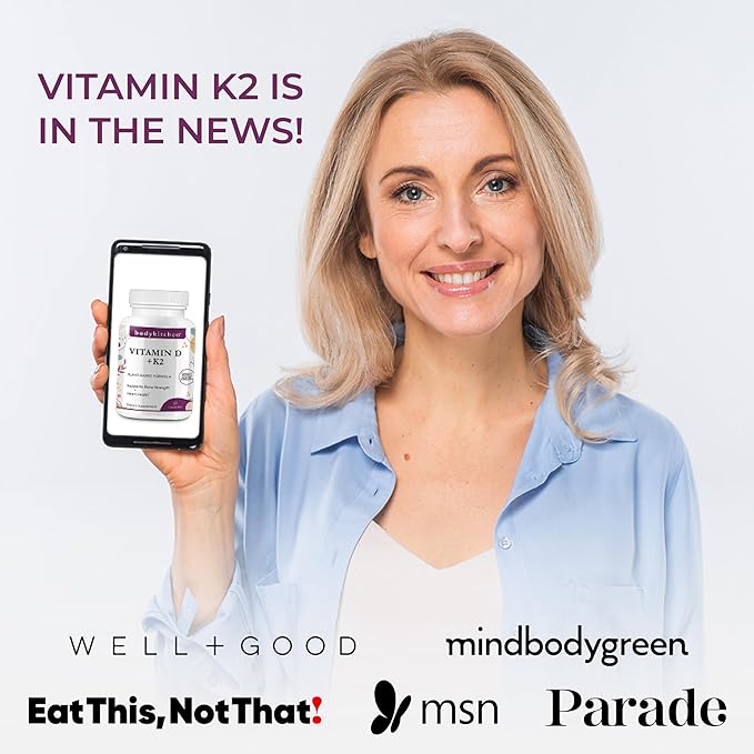 Body Kitchen Vegan Plant-Based Vitamin D3 + K2 (MK7) Supplement Bone and Heart Health Non-GMO 5000 IU Vitamin D &amp 180 mcg Vitamin K2 MK-7 Easy to Swallow Veggie Caps 60 Count
