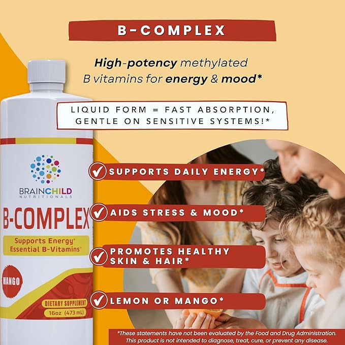 BrainChild B-Complex Liquid - High-Potency Methylated B Vitamins for Energy Stress &amp Mood Non-GMO Vegan Gluten-Free Mango - 32oz