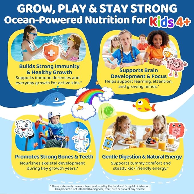 Sea Moss + Elderberry Gummies for Kids &amp Adults 19-IN-1 Super Food with Spirulina Algae Omega 3 Algae Calcium Ashwagandha Mushroom Vitamins D3 C for Immune Gut Bone Energy BrainVegan 6