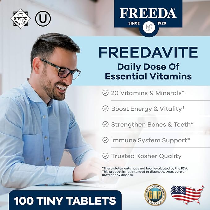 Freedavite Tiny Tablet - Moderate Multivitamin for Men and Women - Vitamin A C D E B1 B2 B6 B12 Biotin Calcium Zinc Iron Magnesium Manganese Copper Selenium Iodine - 100 Count