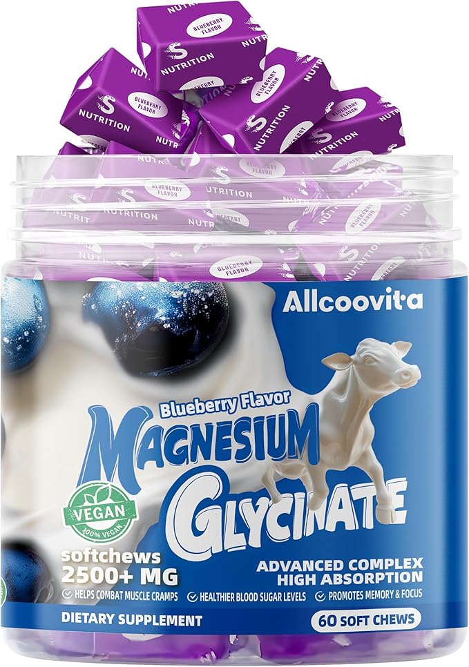 Magnesium Glycinate Soft Chews Blueberry Flavor.Chewable Sugar Free Potassium Magnesium Chews with Magnesium Glycinate Vitamin D B6 and CoQ10 for Calm Support &amp Sleep for Adults 60 Days Suppl