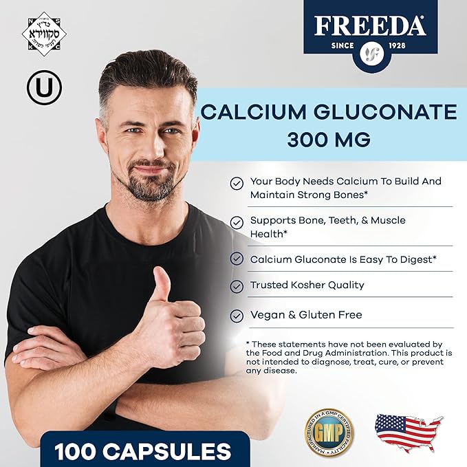 Freeda Calcium Gluconate – Kosher Vegan Calcium Supplement – Easy to Digest &amp Absorb – Supports Bone Strength – Pure Calcium Without Vitamin D – (500 Capsules)