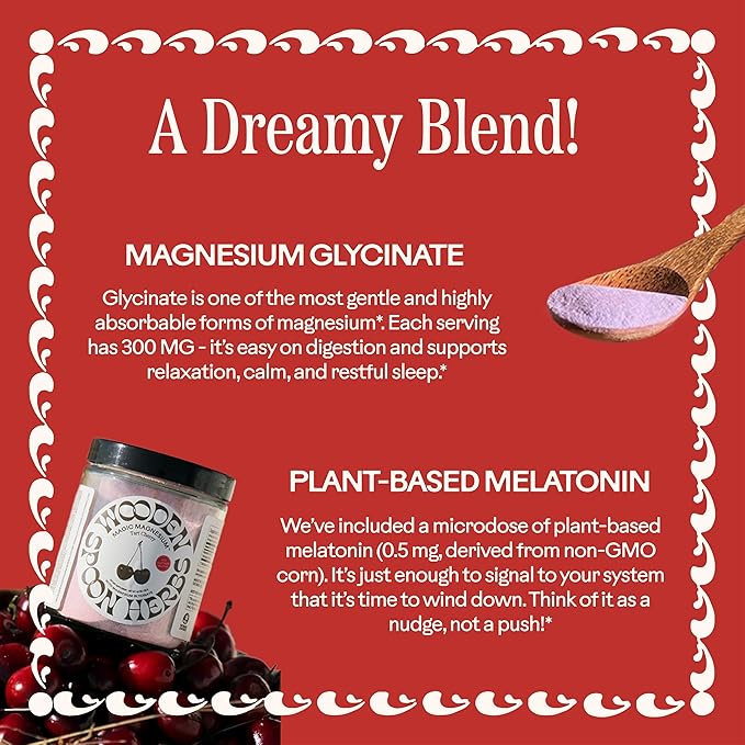 Wooden Spoon Herbs Magic Magnesium Glycinate Powder Drink Mix (Tart Cherry) | 300mg Magnesium 0.5mg Plant-Based Melatonin | Calming Nighttime Supplement | Easy Mix Sleep Support Powder Vegan | 3.7oz