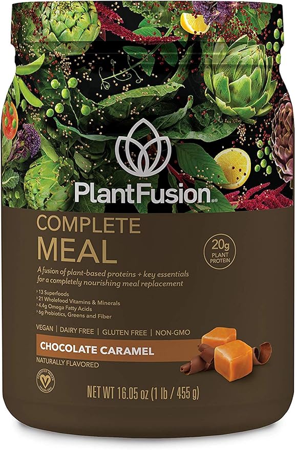 PlantFusion Complete Meal Replacement Shake - Plant Based Protein Powder with Superfoods Greens &amp Probiotics - Vegan Gluten Free Soy Free Non-Dairy No Sugar Non-GMO - Chocolate Caramel 1 lb