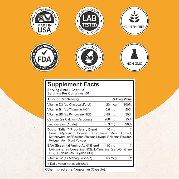 NuBest Doctor Taller - Bone Strength Supports Enhance Immune System - Keto with Calcium Vitamin D3 Vitamin K2 Amino Acids &amp Herbs for Children (8+) - 60 Vegan Capsules | 1 Month Supply