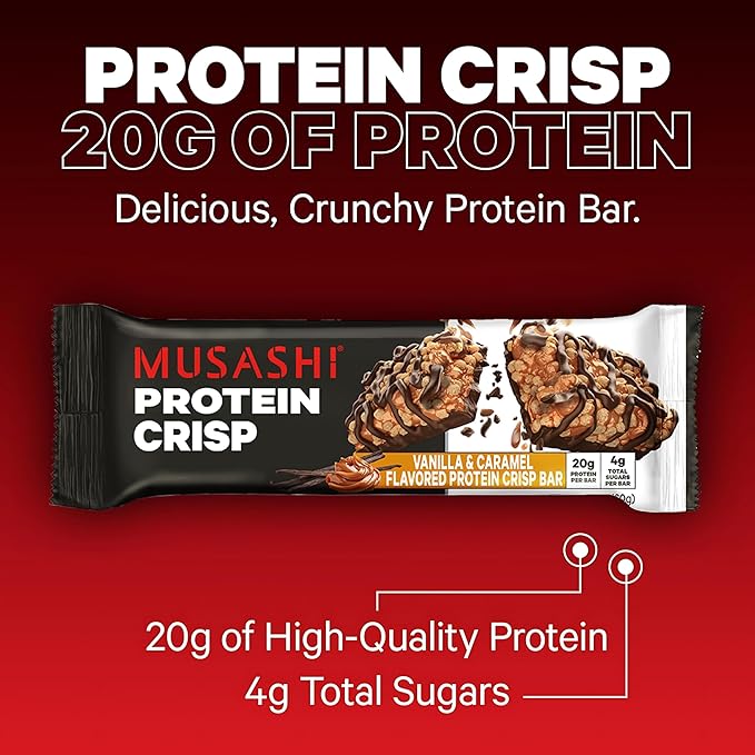 MUSASHI Protein Crisp Bar 20g Protein 4g Total Sugars Vanilla &amp Caramel Post Workout and Snack On The Go 12 Pack of 2.1oz (60g) Bars