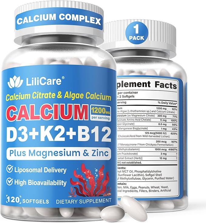 Calcium 1200 mg with Vitamin D3 K2 5000 IU Softgels Supplement for Women Men - Liposomal Calcium Citrate &amp Algae Calcium Magnesium Zinc + D3 K2 B12 Plant-Based Vegan Vitamin D Boron for Bone120