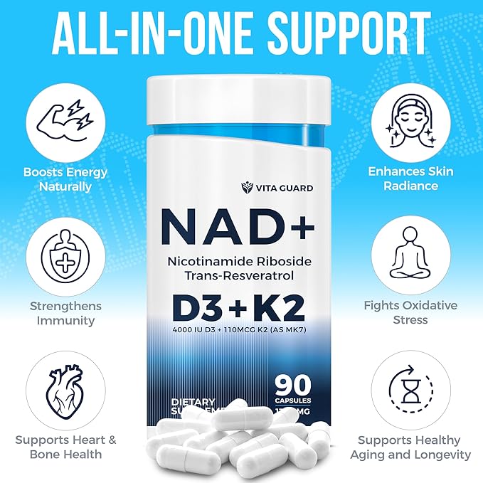 Anti-Aging Energy NAD Supplement – NMN Alternative with Nicotinamide Riboside 1000mg Trans-Resveratrol 300mg Vitamin D3 4000 IU and K2 110 mcg MK7 – Vegetarian 60 Capsules 1300mg