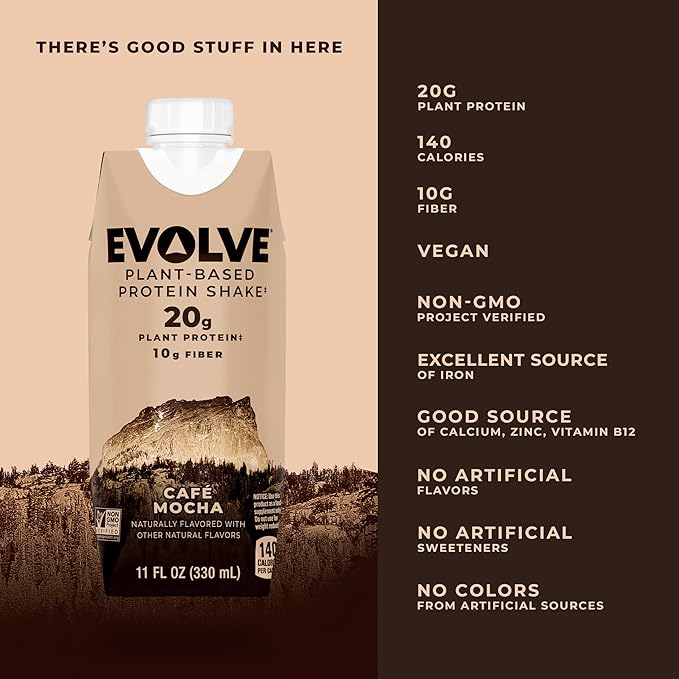 Evolve Plant Based Protein Shake Café Mocha 20g Vegan Protein Dairy Free No Artificial Sweeteners Non-GMO 10g Fiber 11oz (12 Pack) (Formula May Vary)