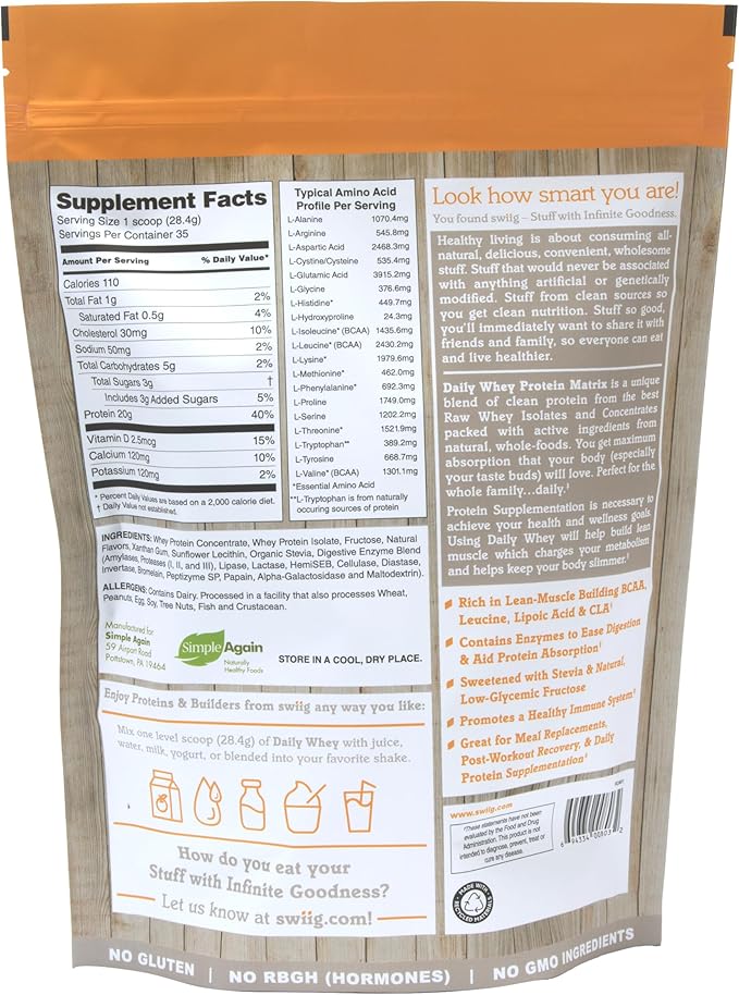 swiig Premium Daily Whey Protein Banana 2.2lb - 20g Protein Gluten-Free Non-GMO No Fillers No Artificial Flavors Enhanced with Amino Acids All Natural Formula
