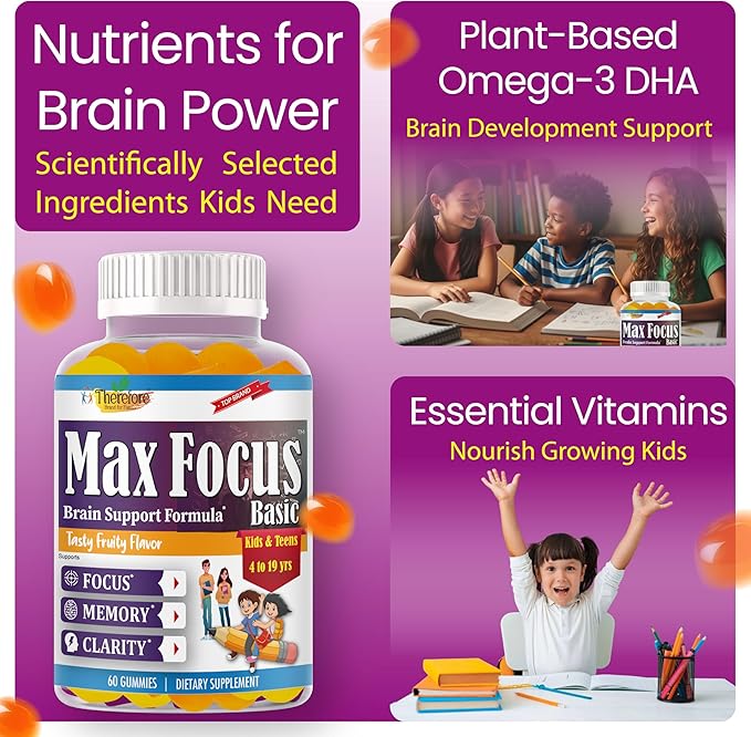 Max Focus Gummies for Kids &amp Teens with Omega 3 DHA – Brain Focus Supplement for Kids Memory Attention Concentration &amp Clarity Support – Delicious Orange Flavor – 60 Gummies